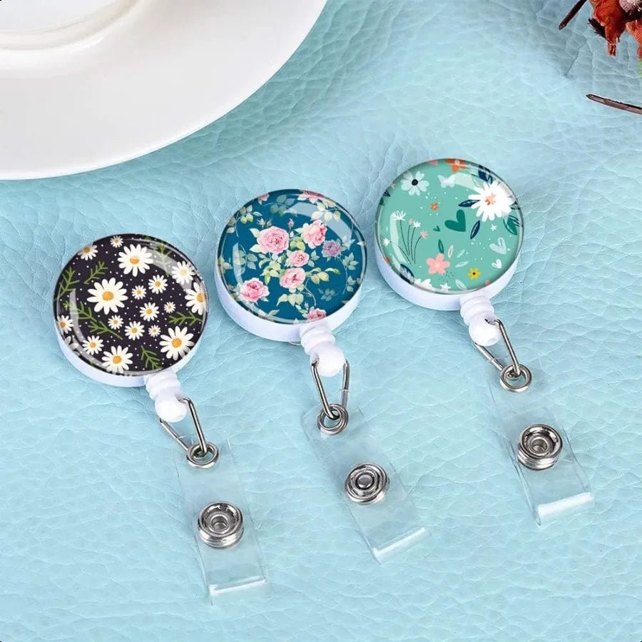 Retractable ID Badge Holder Badge Reels with Clip Name Card Holders for Office Worker Doctor Cute Flowers 3 Pack - silverfoxgoods